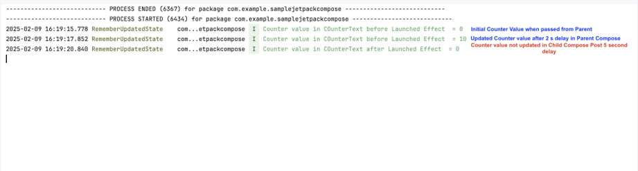 Without RememberUpdatedState Logs
